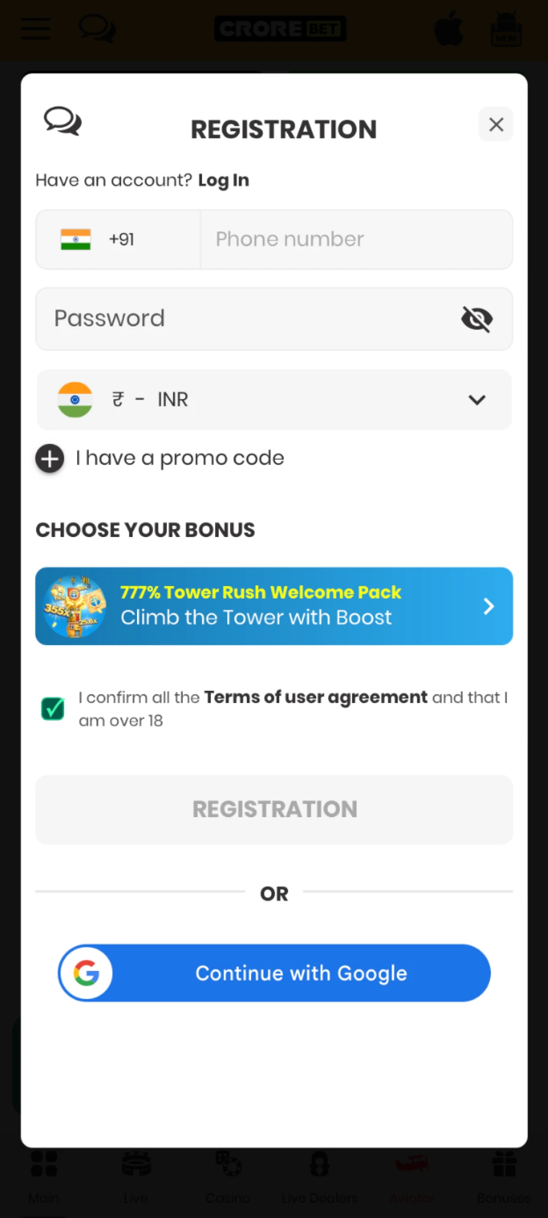 Select manual signup or a quick option like Gmail to register on Crorebet.
