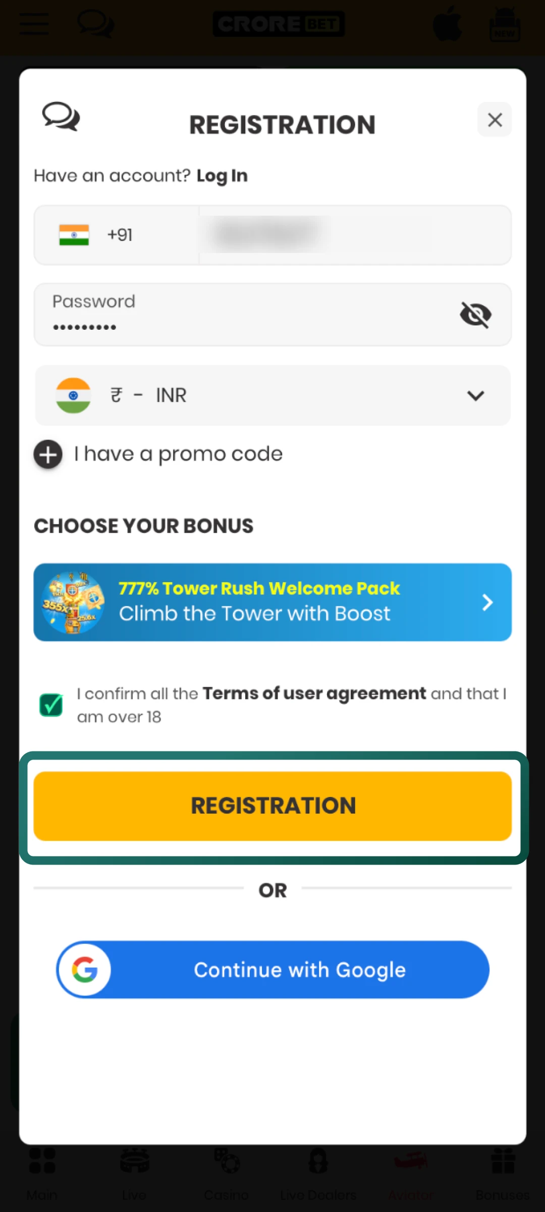 Complete confirmation through email or code to activate your Crorebet account.