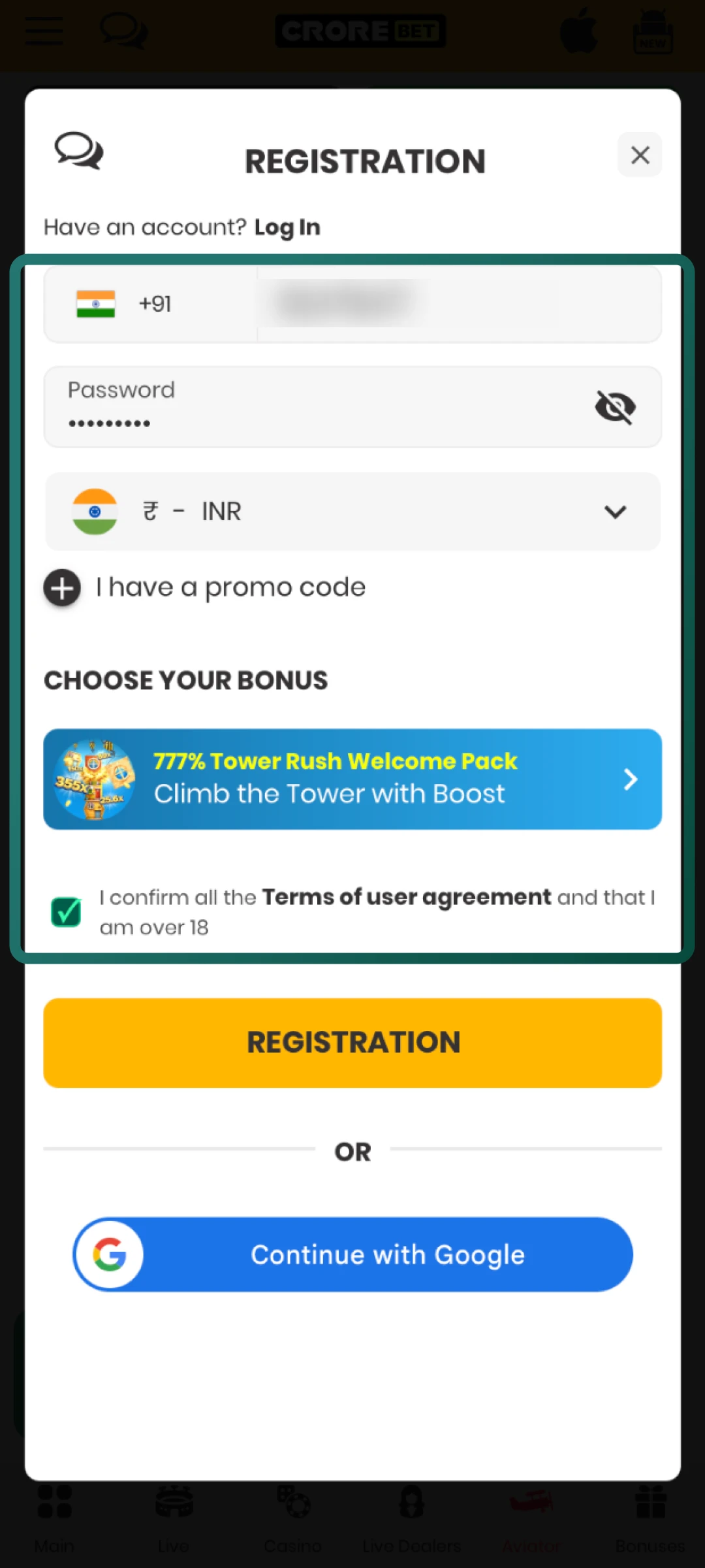 Fill in your email, password, and select your currency for the Crorebet account.