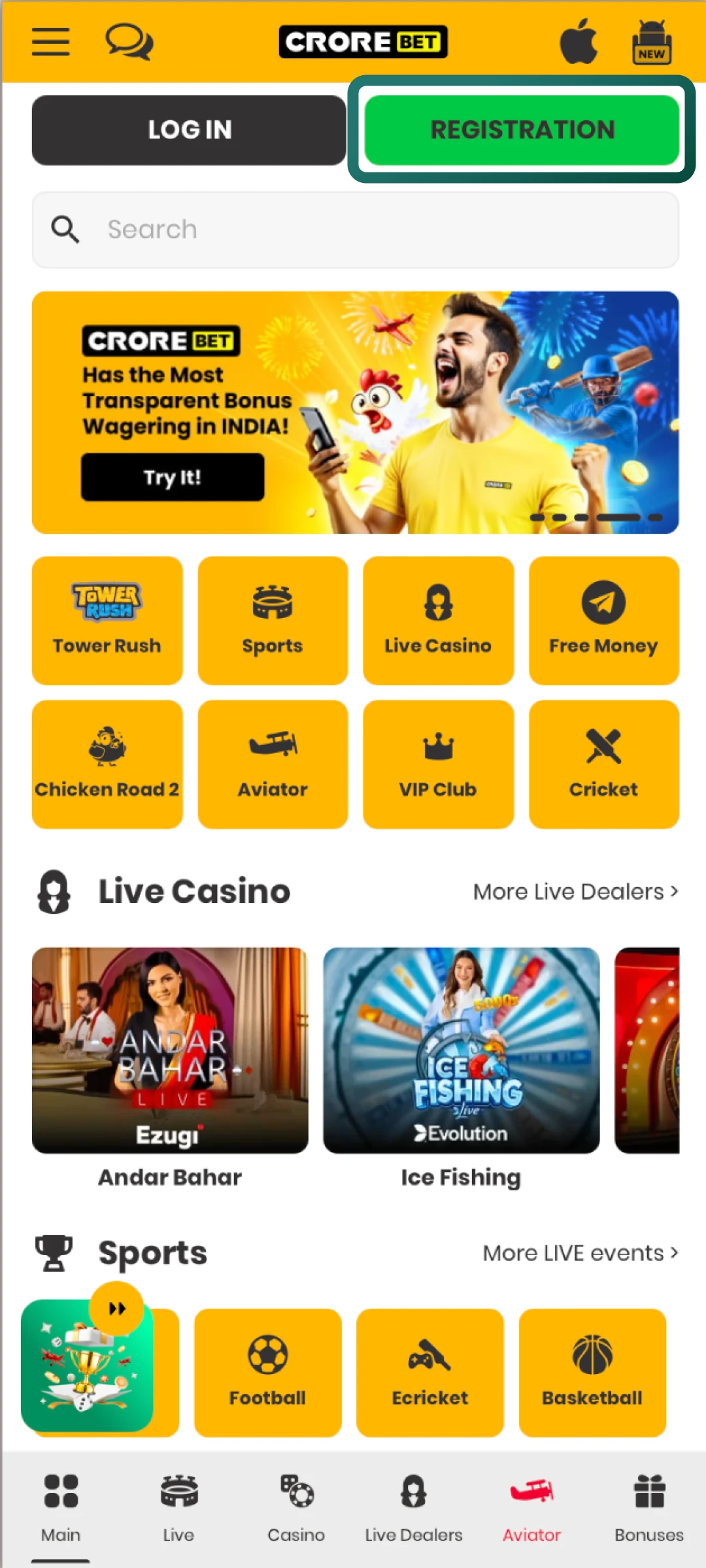 Go to the Crorebet platform and locate the Sign Up button on the main page.