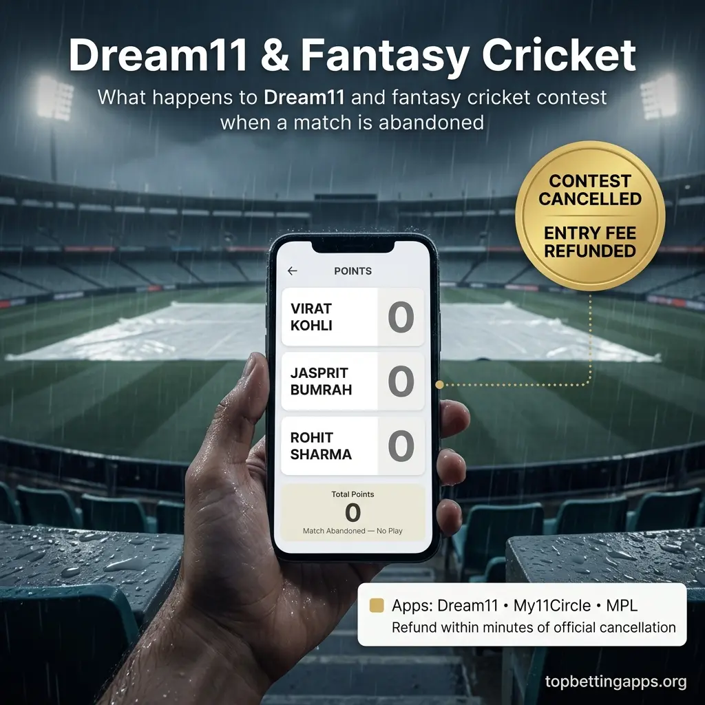 Dream11 match abandoned without a ball bowled - fantasy cricket contest cancellation and entry fee refund explained for IPL matches.