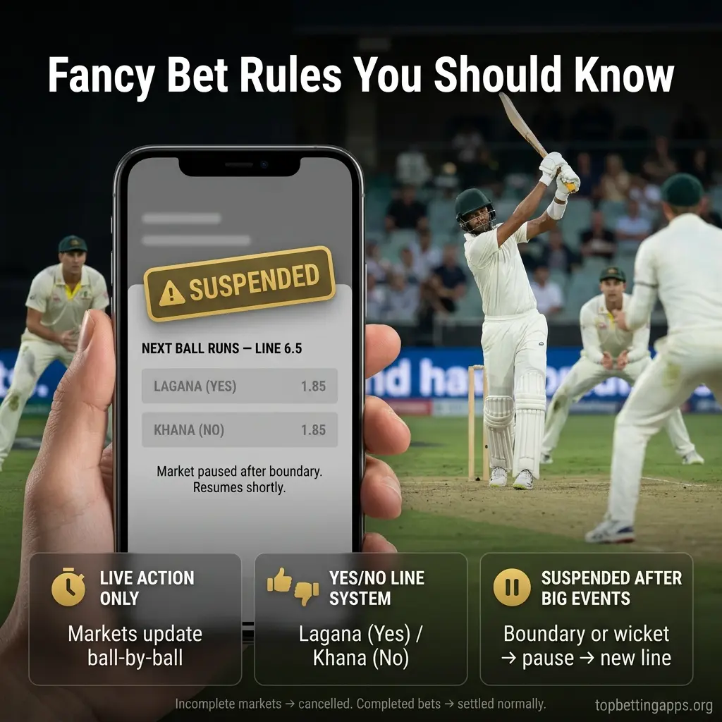 Fancy bet rules for cricket - live betting only, short-term outcomes resolved within balls or overs during match.