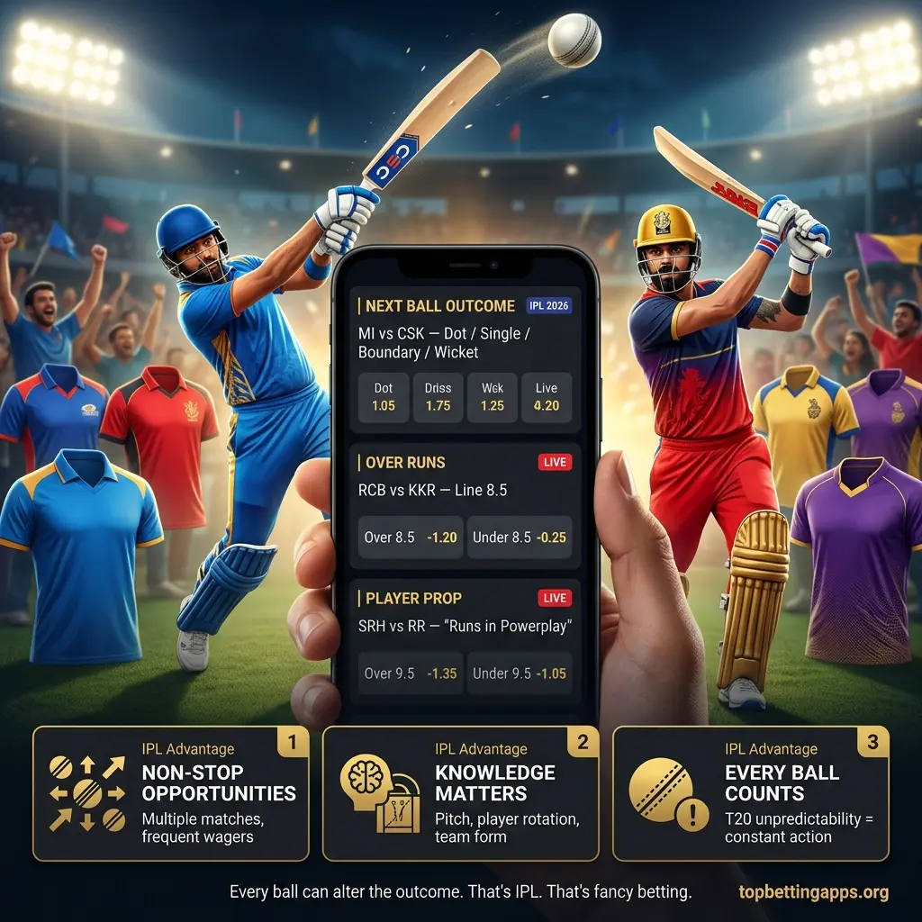 IPL fancy betting opportunities with T20 cricket match predictions on next ball, runs per over and top players