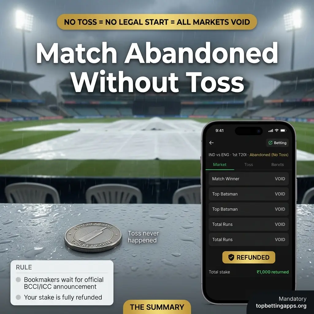 Cricket match abandoned before toss meaning - understanding why your stake is returned when bad weather prevents the official start.
