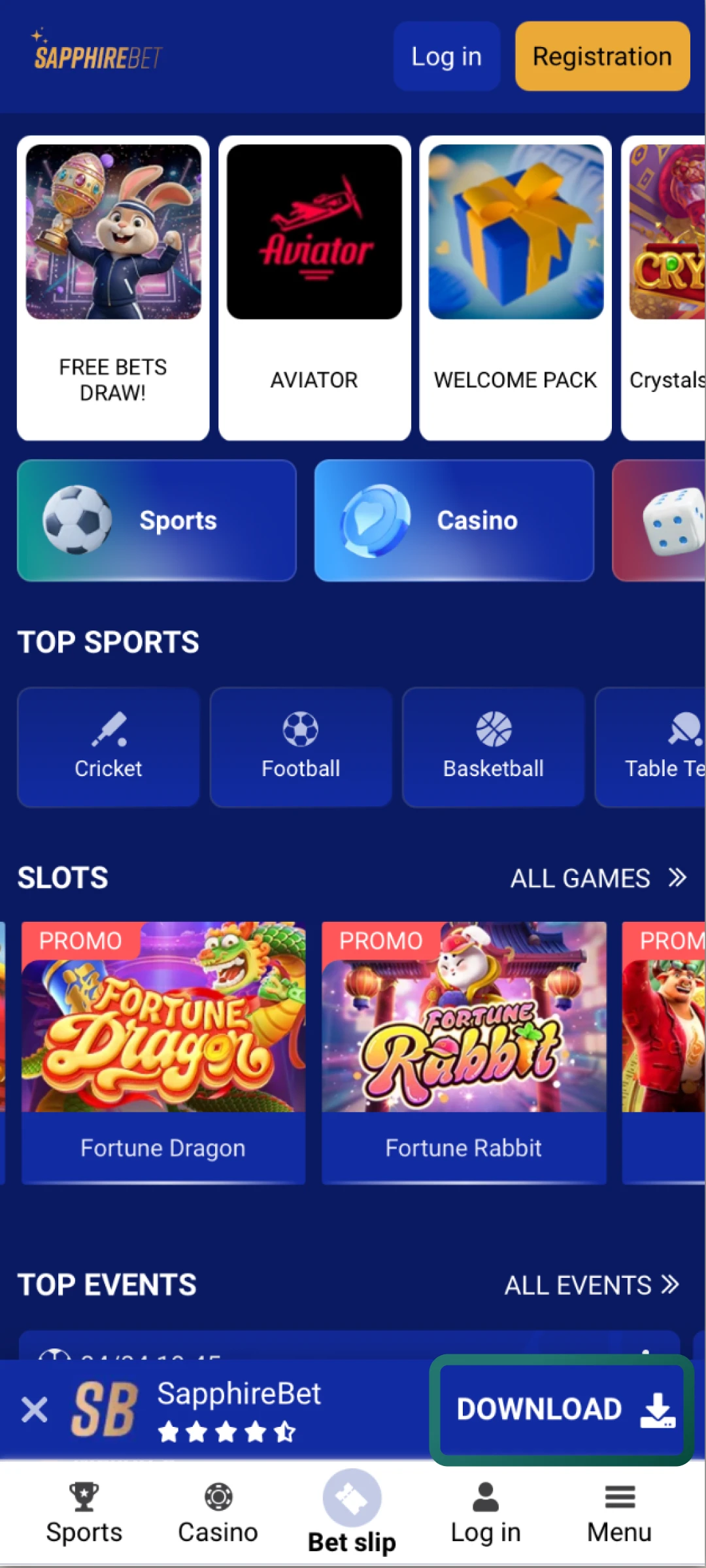 Open the mobile version of the SapphireBet site and tap the APK link to start the download.