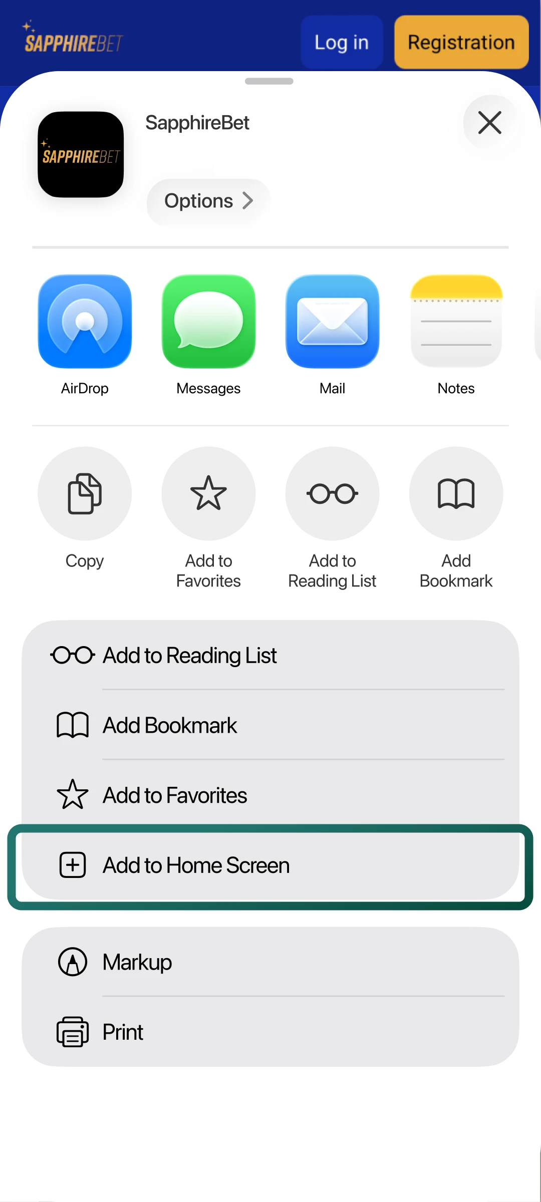 Scroll through the list and tap Add to Home Screen to place the SapphireBet icon on your phone.