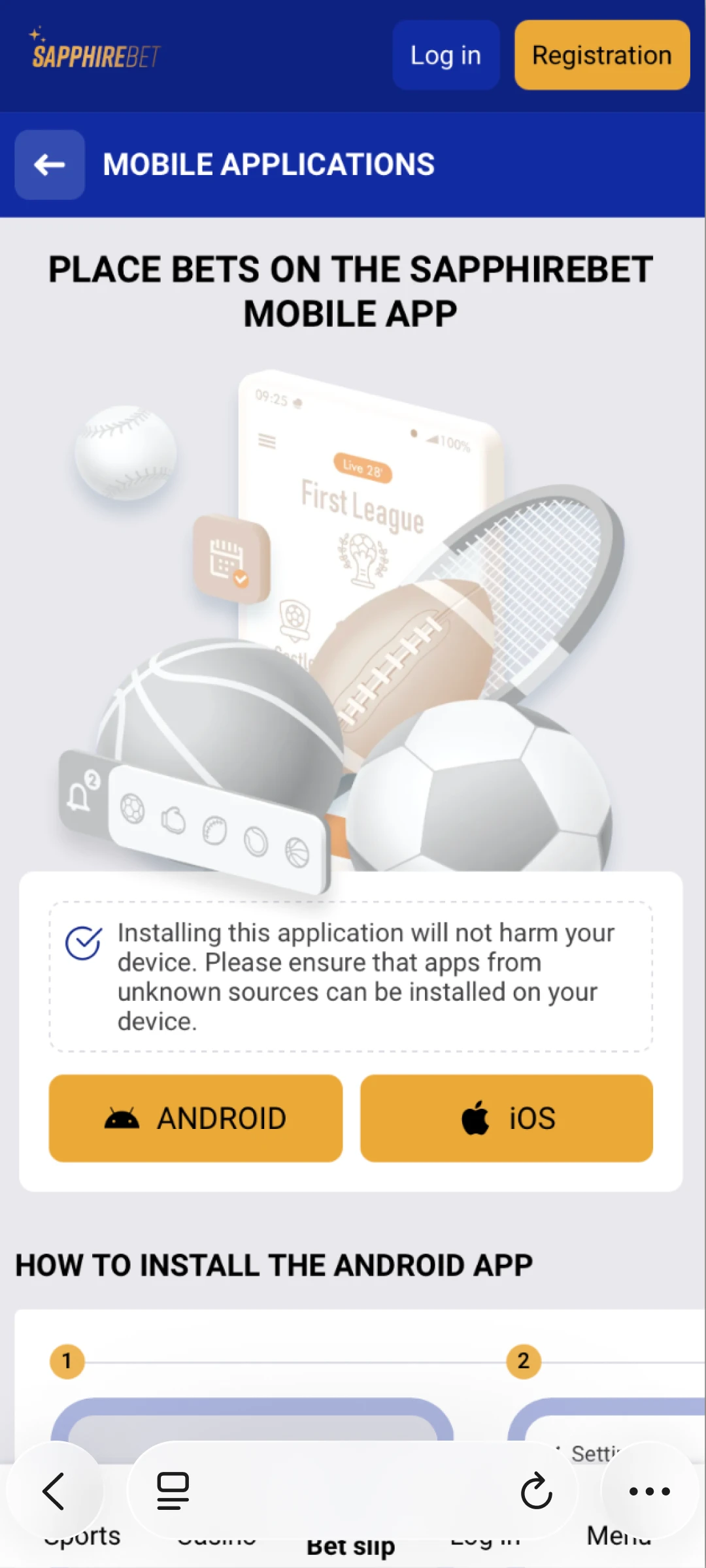 Launch Safari and go to the mobile version of the SapphireBet site to find the iOS button.