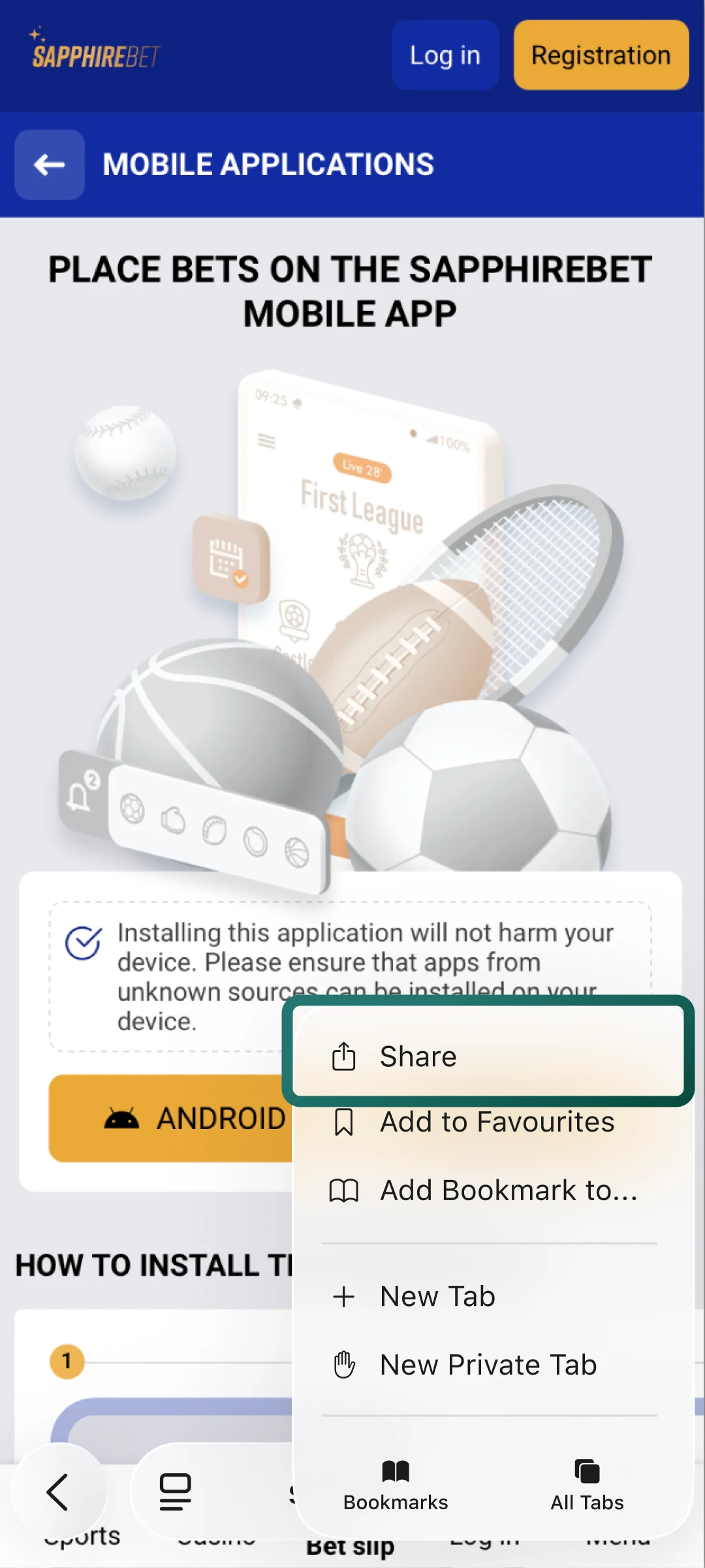 Tap the square share icon with an arrow at the bottom of your Safari screen.