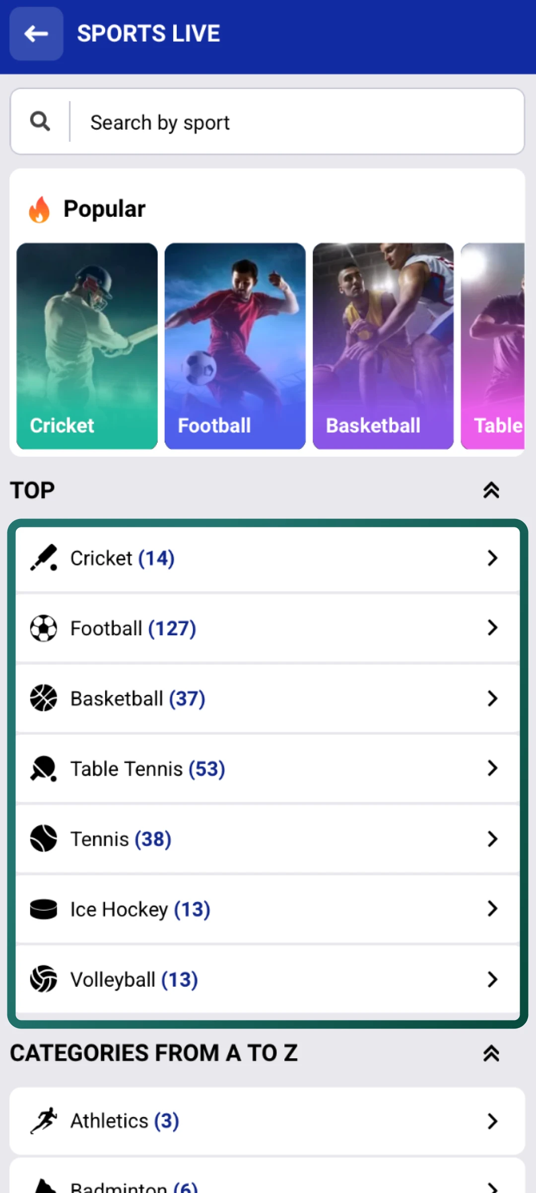 Select cricket, football, or any of the 56 sports from the SapphireBet main menu.