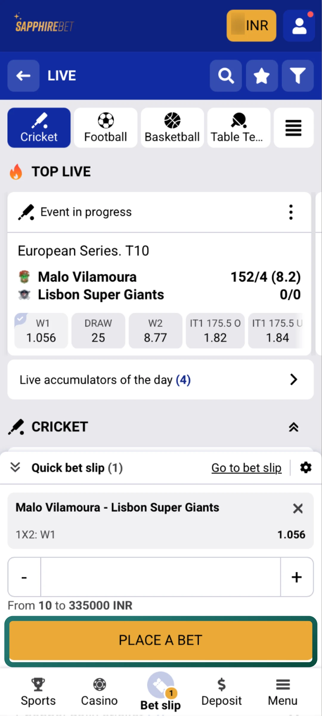Pick your odds, enter the stake amount, and confirm the bet on SapphireBet.