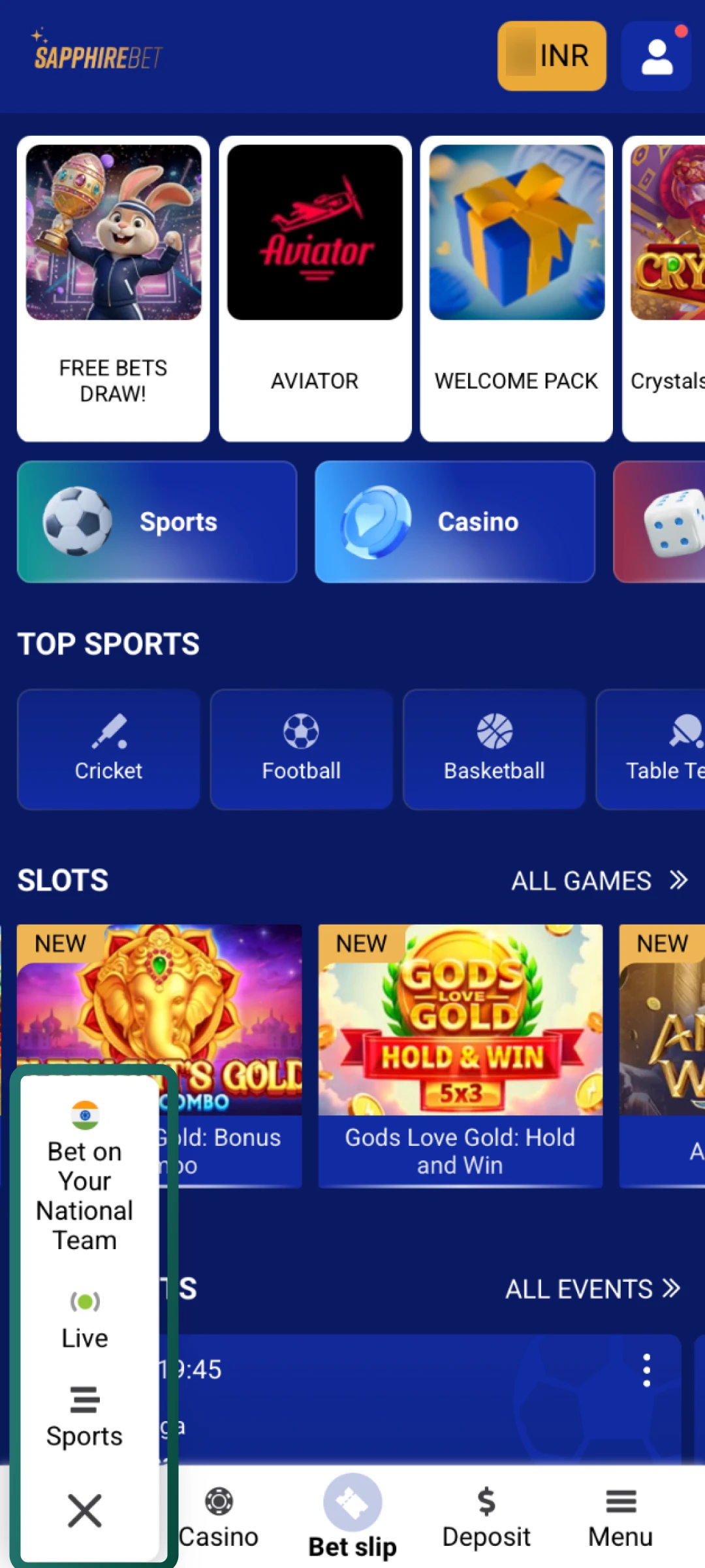 Navigate to the live or pre-match section on SapphireBet to see available events.