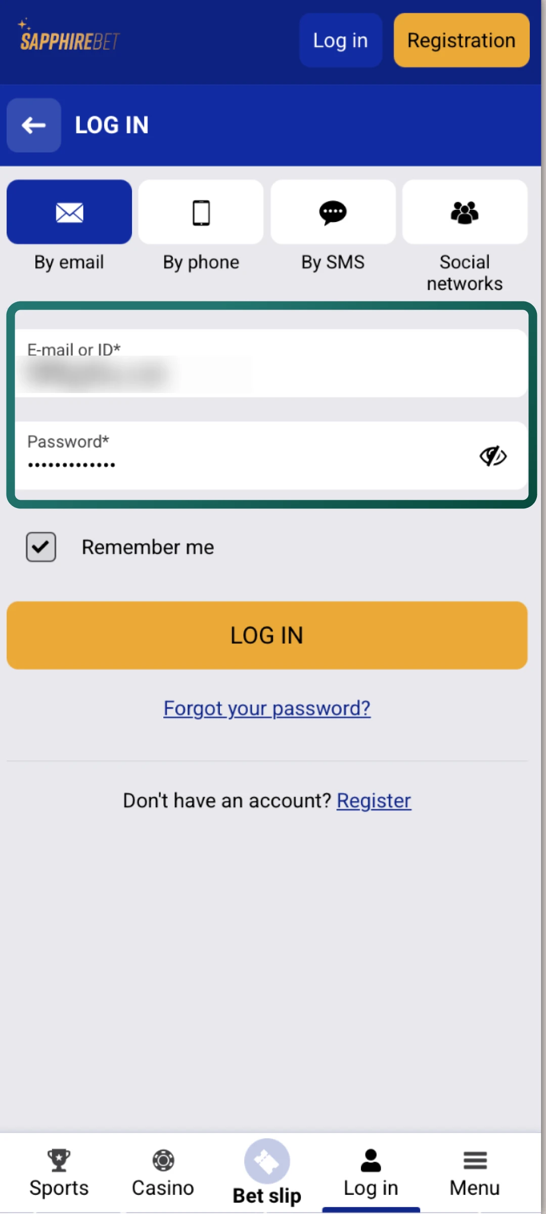 Enter the email address or phone number you used during SapphireBet registration.