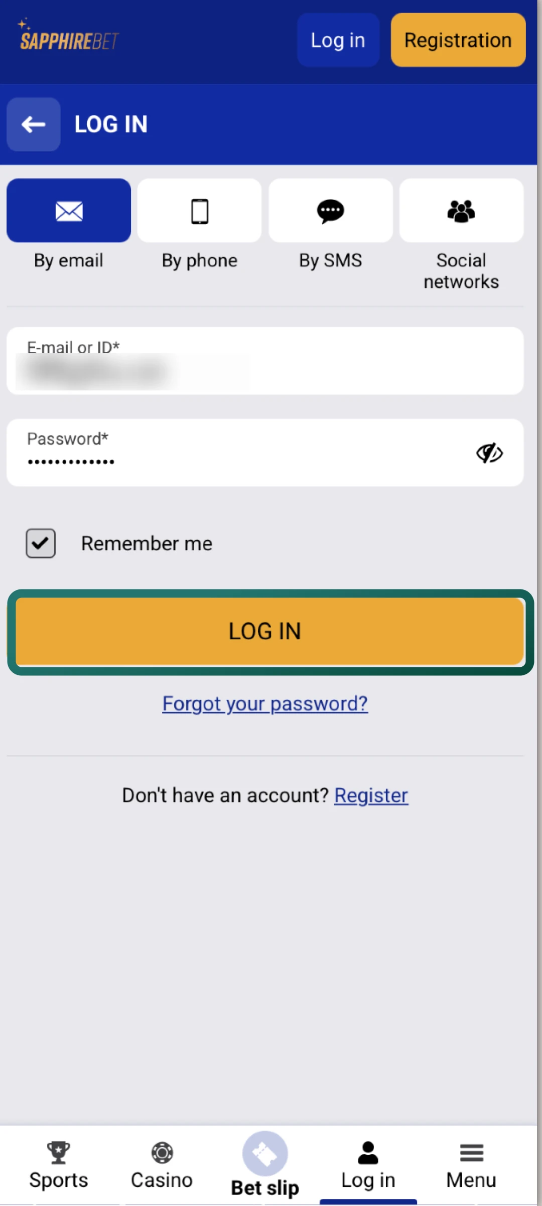 Type your SapphireBet password and tap the confirm button to see your account dashboard.