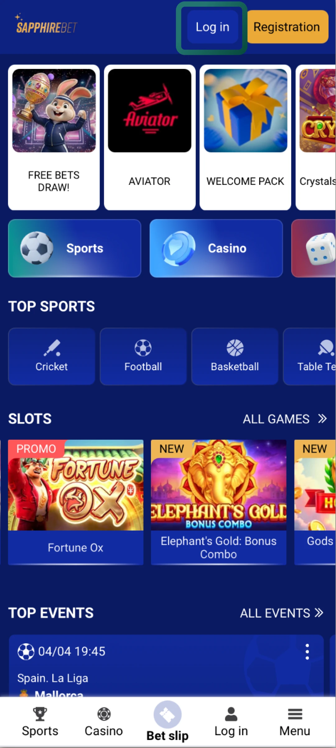 Look for the login icon in the top-right corner of the SapphireBet main page.