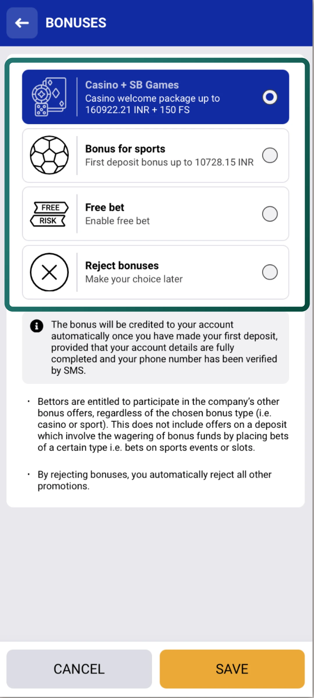 Pick the sports or casino welcome bonus on SapphireBet before entering your details.