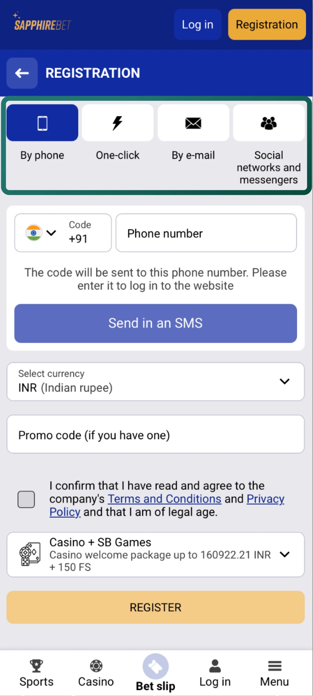 Pick between one click, phone, email, or social media to register on SapphireBet.