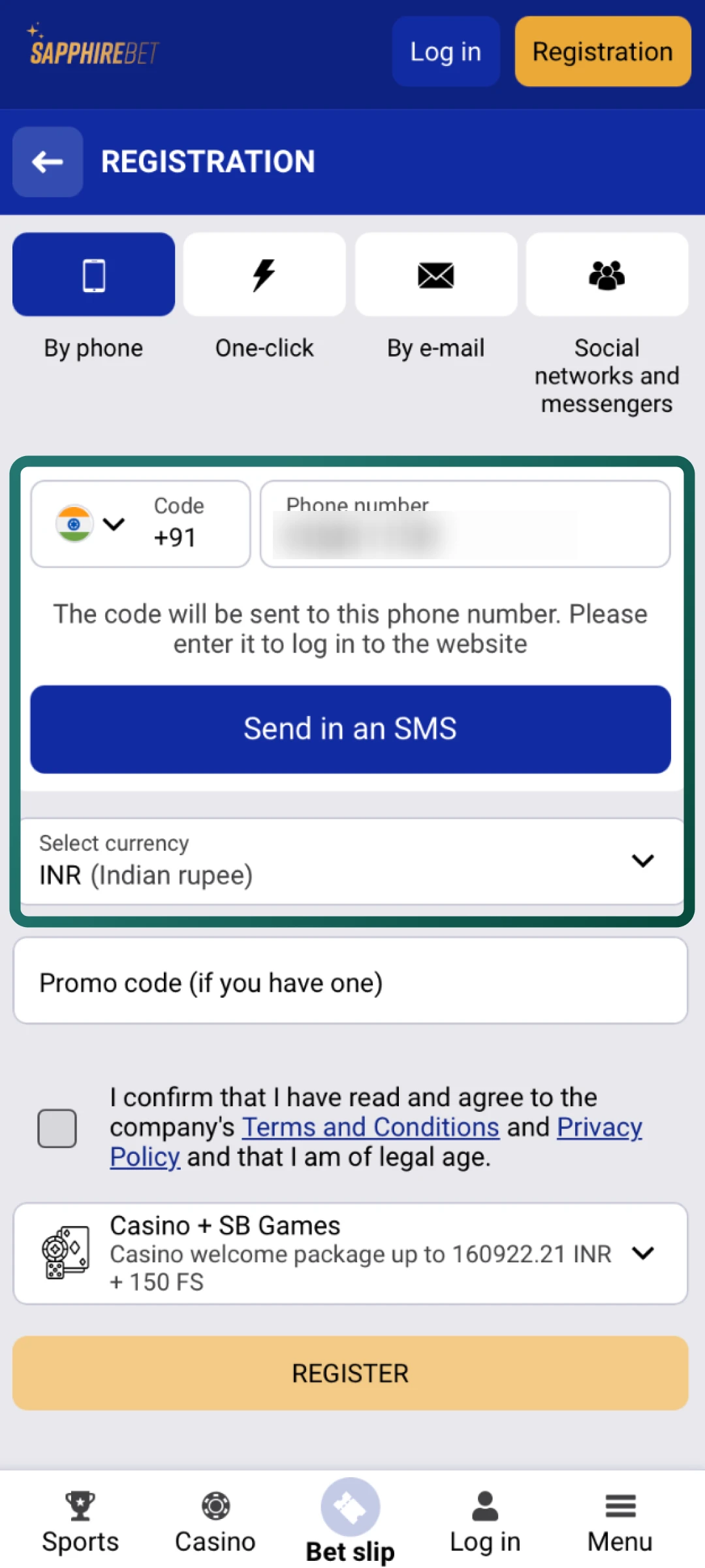 Provide the required information and select INR as your currency on SapphireBet.
