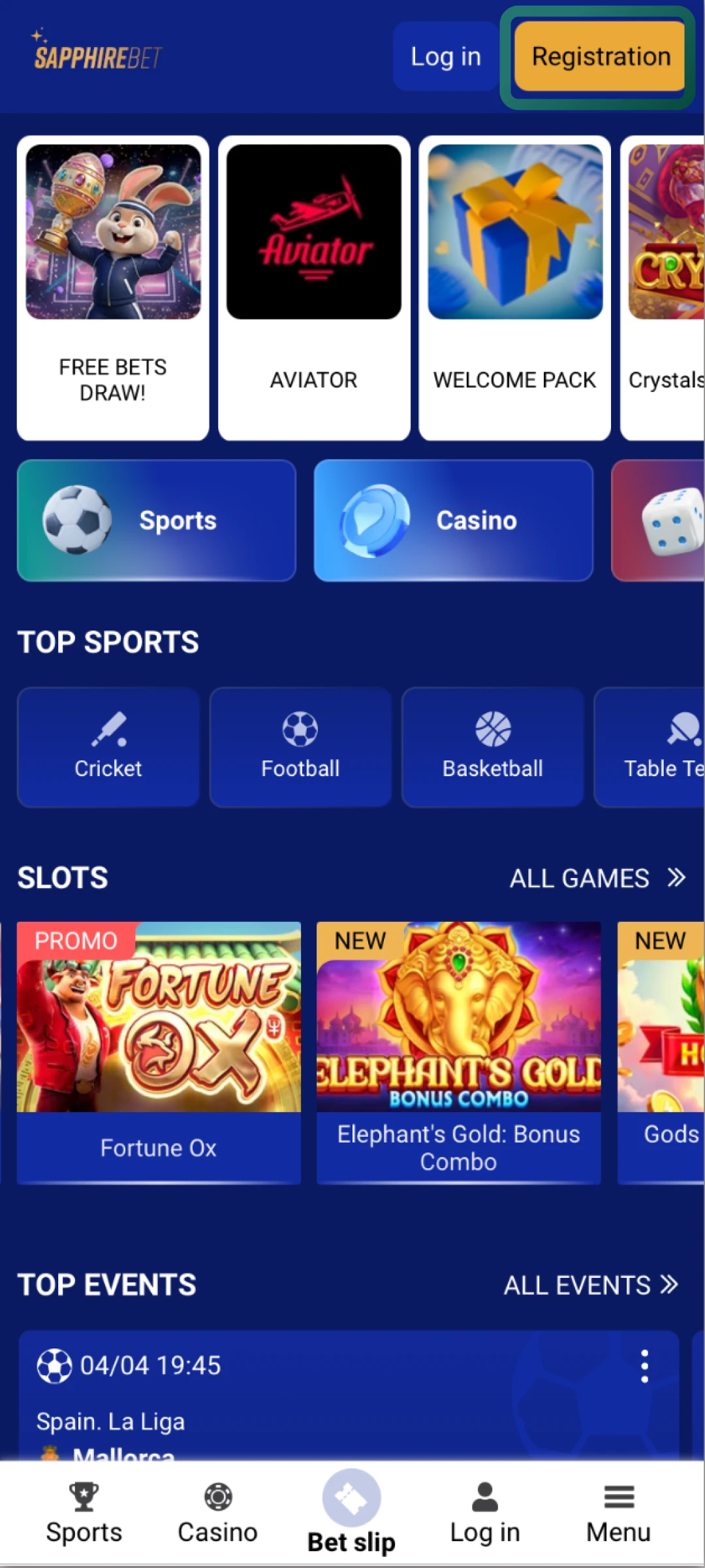 Open the SapphireBet website and tap the sign up button to see the available options.