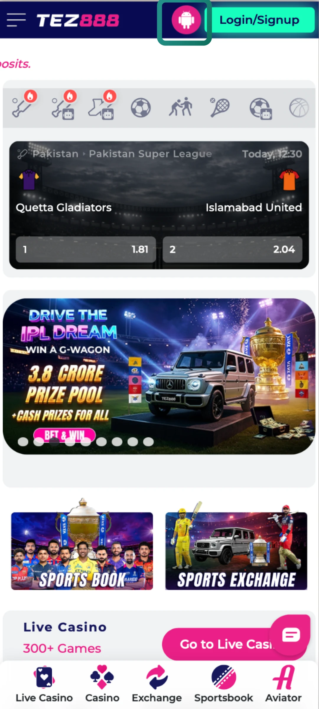 Go to the Tez888 app area and select the Android version to download the APK file.
