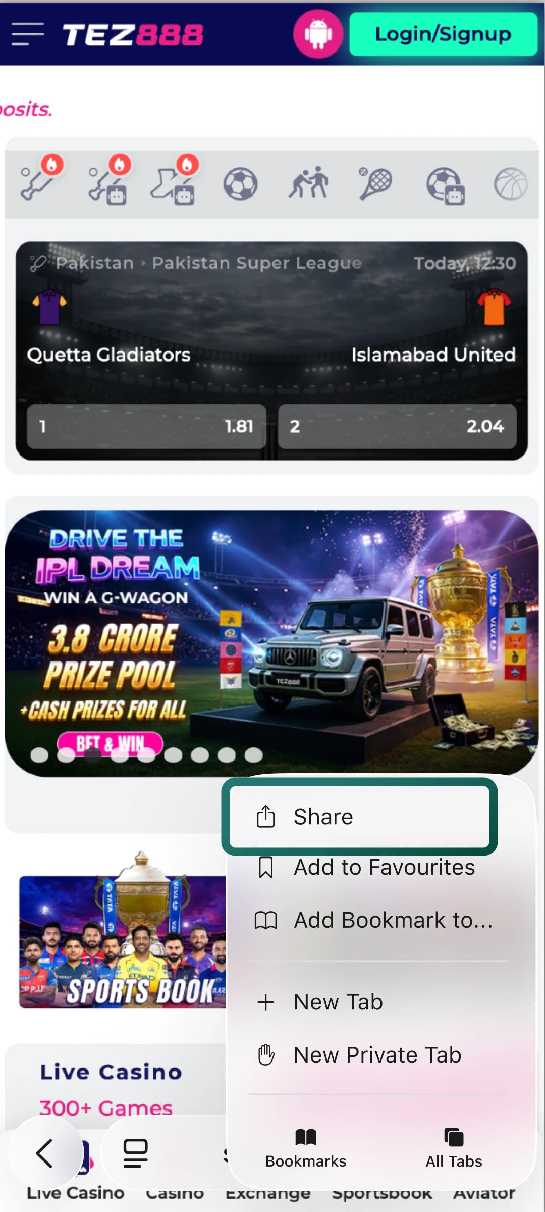 Tap the share icon in Safari to open a list of available actions for Tez888.