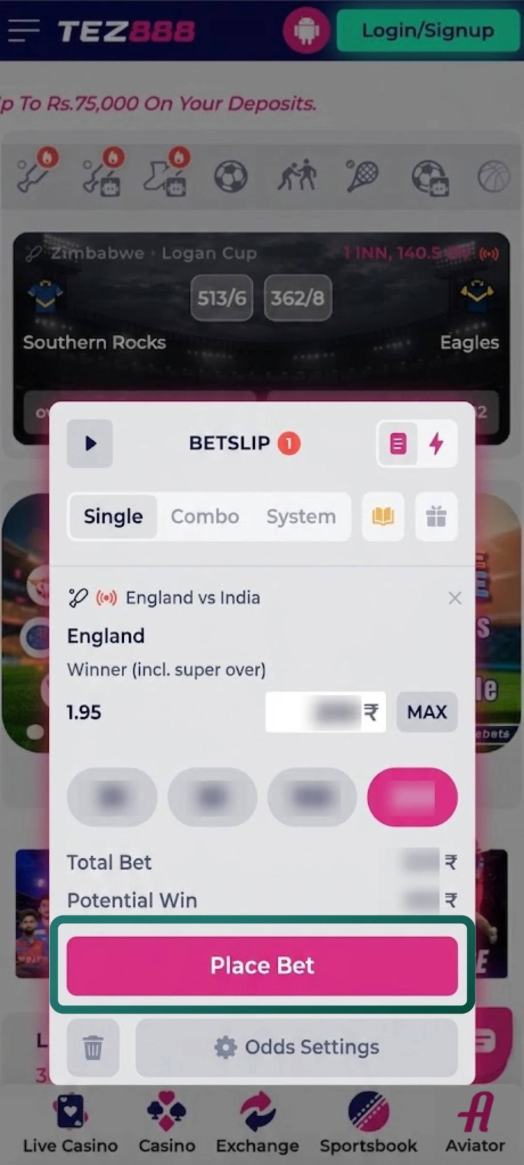 Review details in the Tez888 bet slip, enter your amount, and confirm to complete the bet.