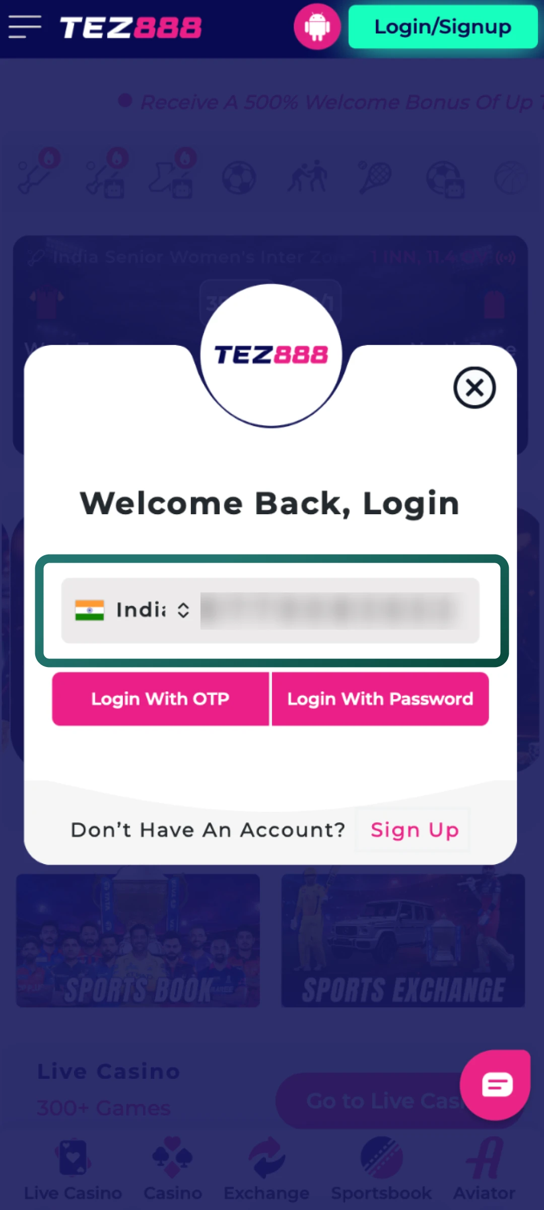 Select OTP to receive a code instantly or enter your password for direct Tez888 access.