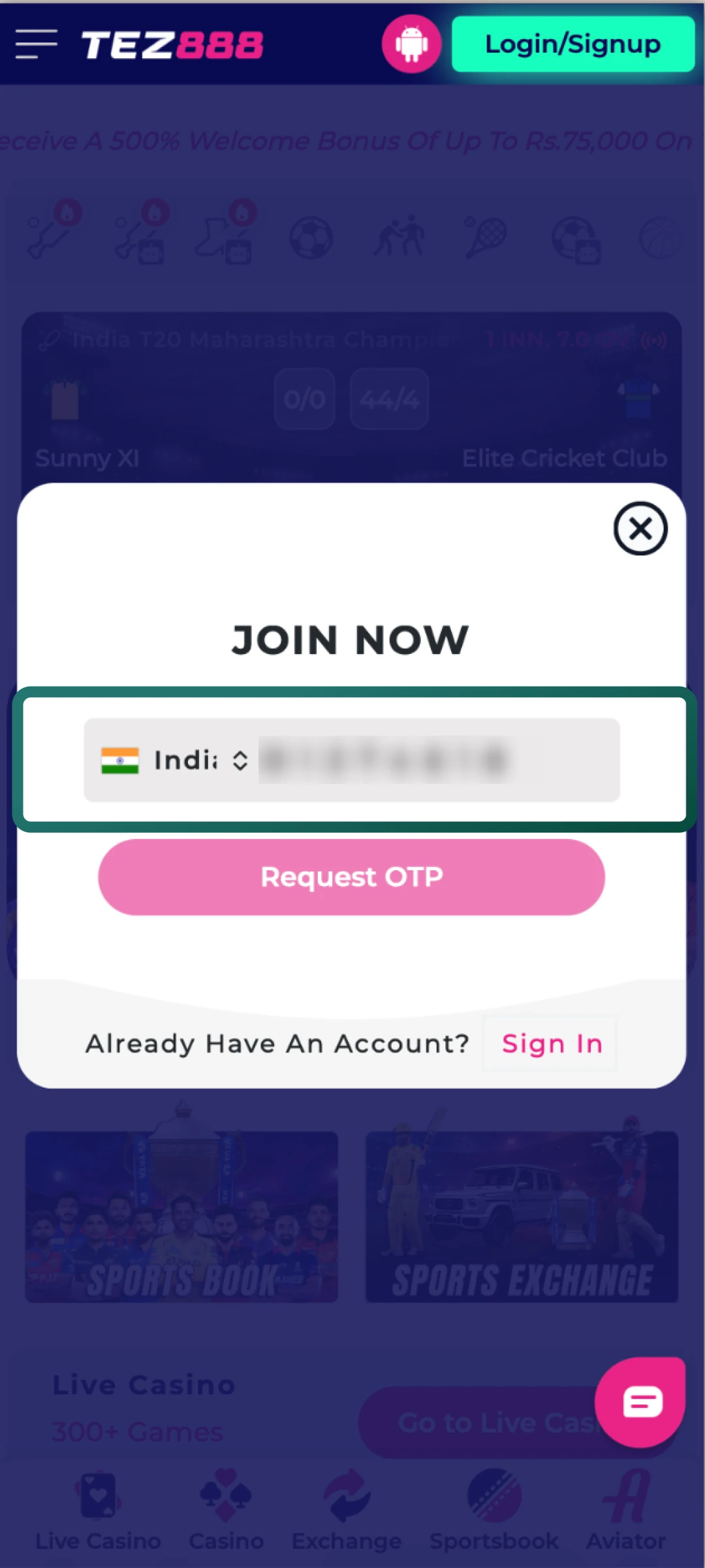 Request the OTP code and enter the digits received on your phone for Tez888 verification.
