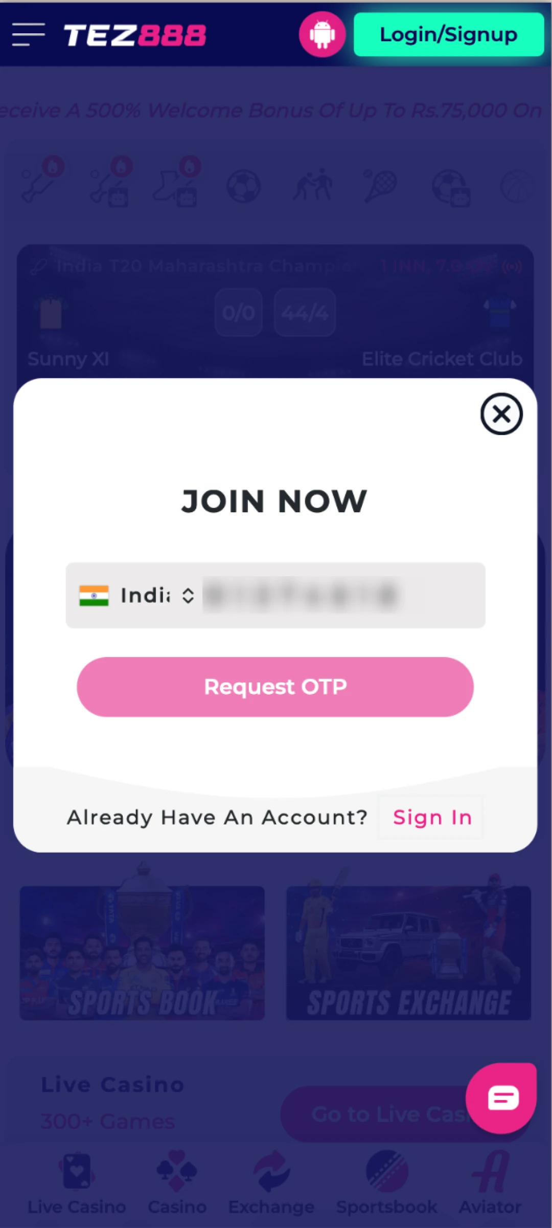 Provide your phone number or email and create a secure password for Tez888.