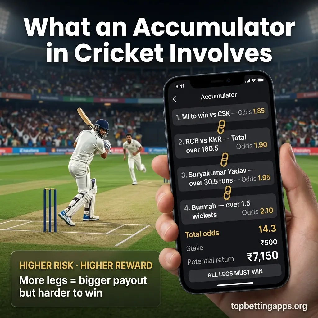 Cricket accumulator example with IPL matches - predicting three match winners in single wager, odds multiplied for higher returns.