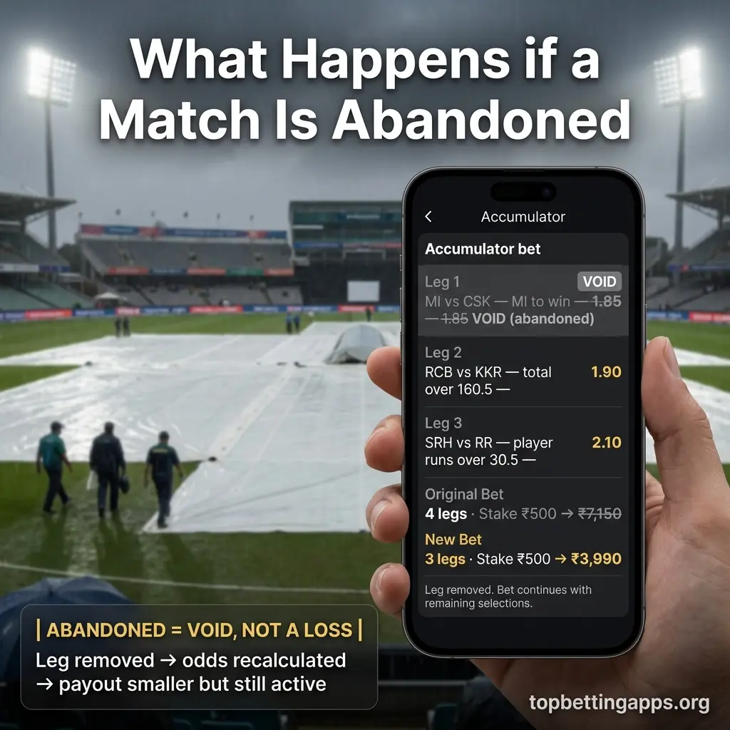What happens if a match is abandoned in accumulator bet - selection becomes void not loss, removed leg with reduced total odds.