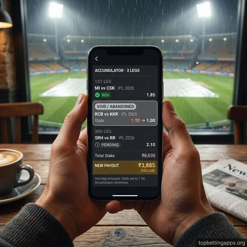 Cricket match abandoned in accumulator betting - why the voided leg changes to odds 1.00 while other selections stay active.
