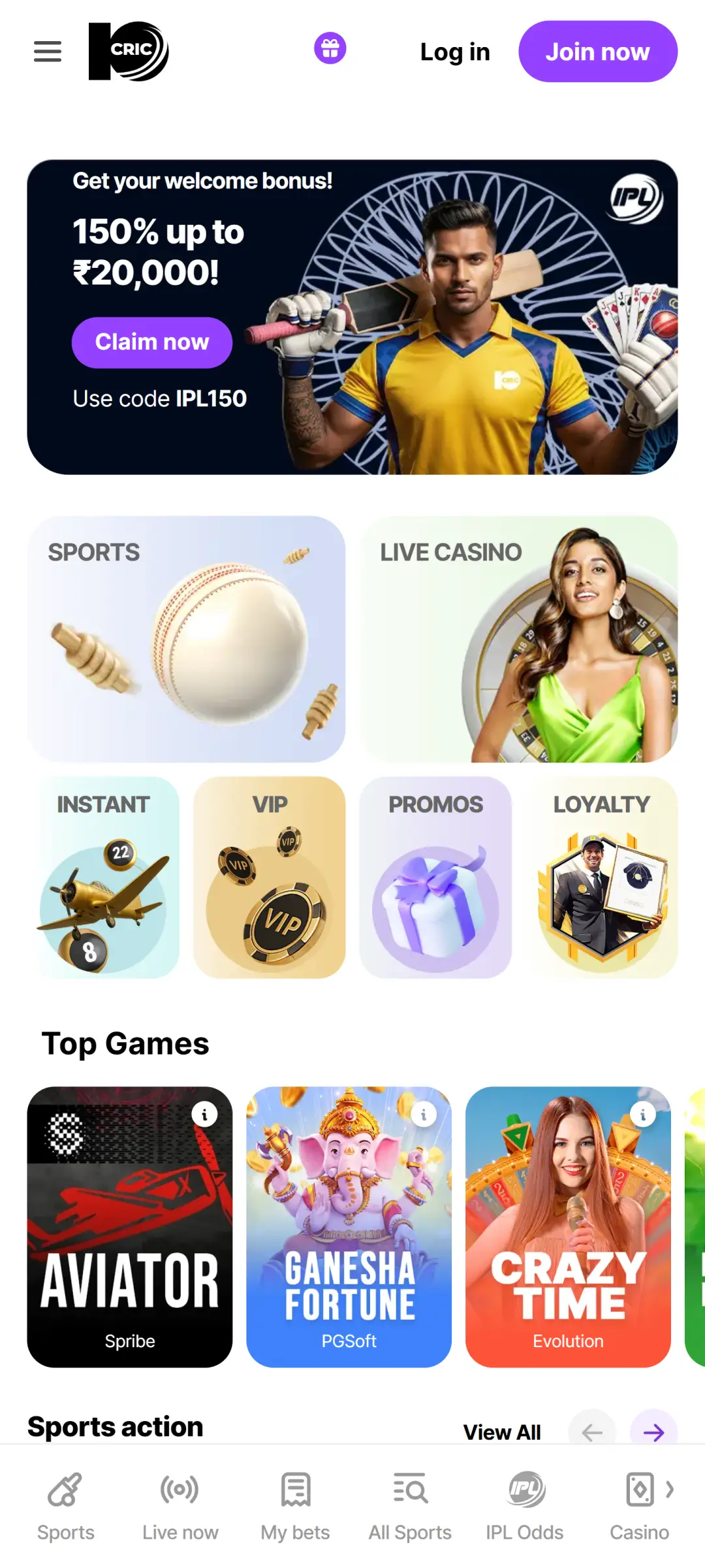 Navigate the main screen of the 10cric app to see options.