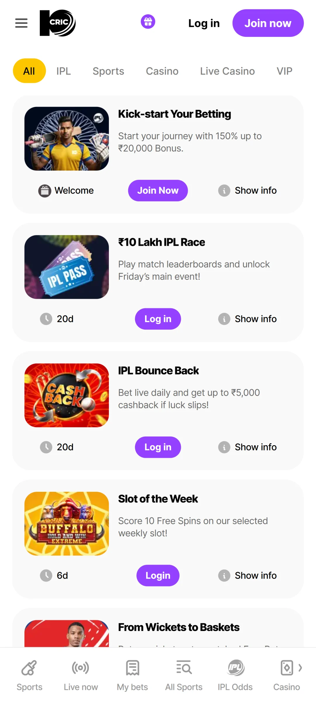 View all current promotions in the 10cric app for extra rewards.