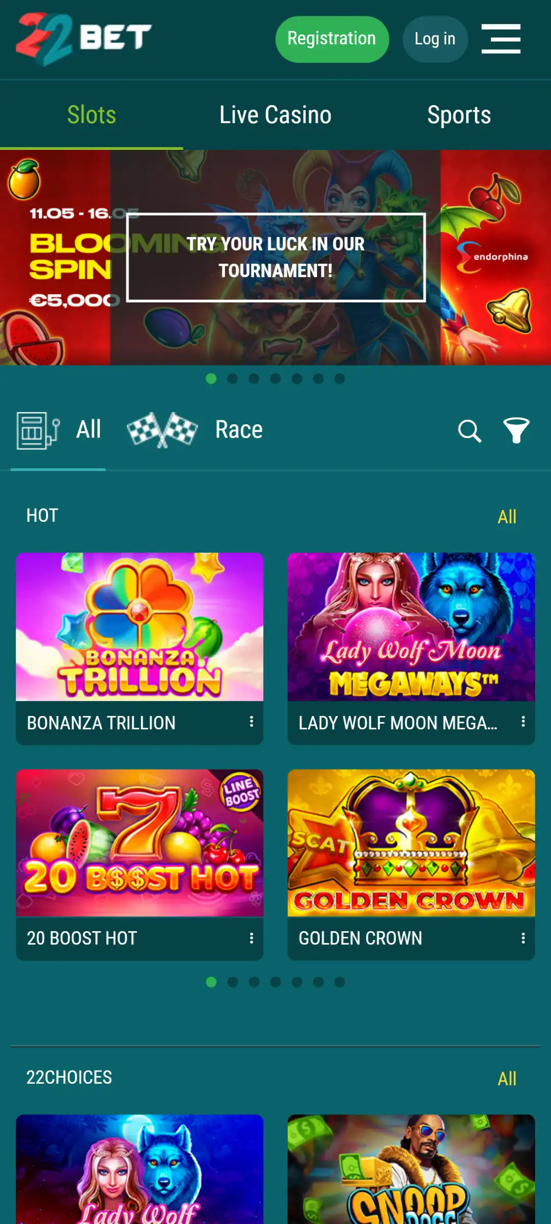 Visit the 22Bet app casino area and enjoy premium gambling games.