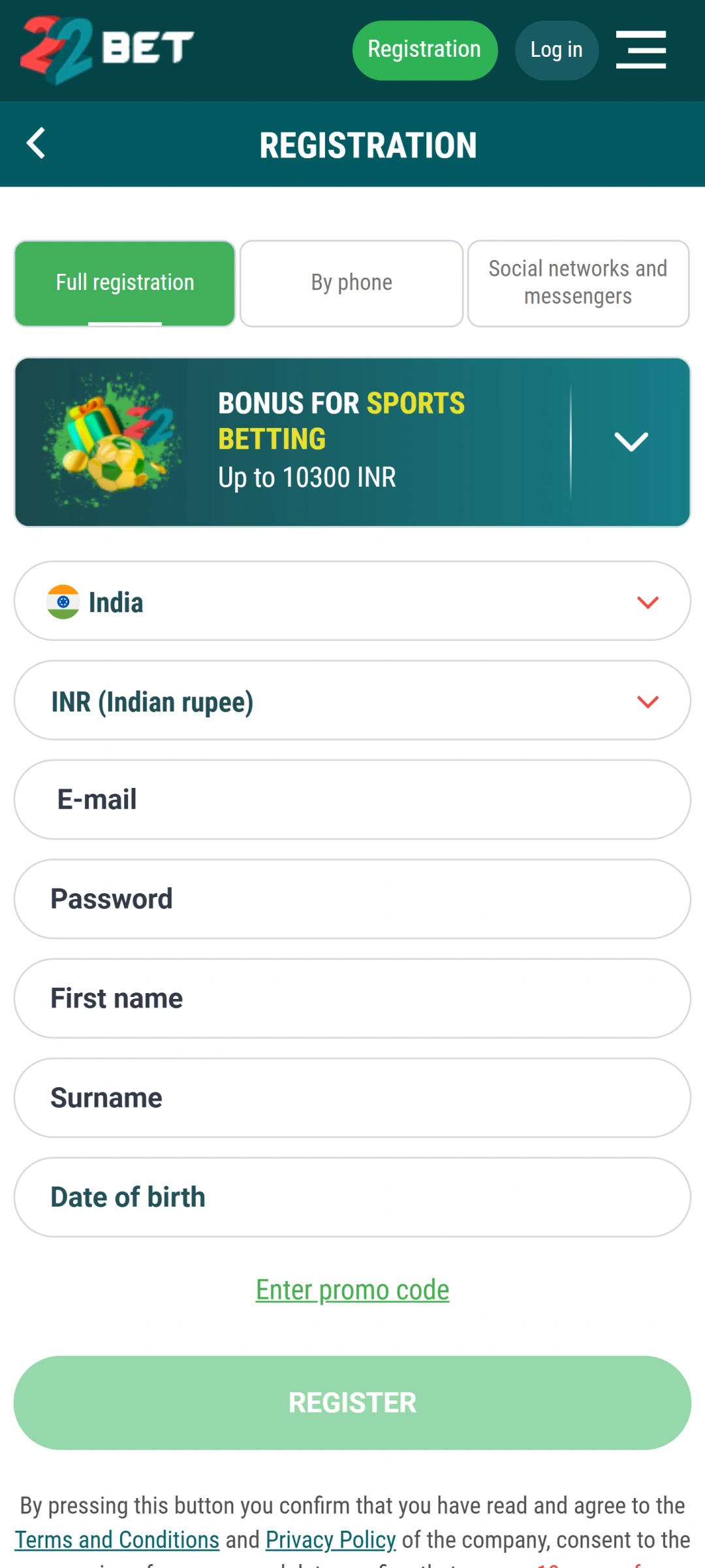 Open the 22bet app and select your preferred registration method to join.