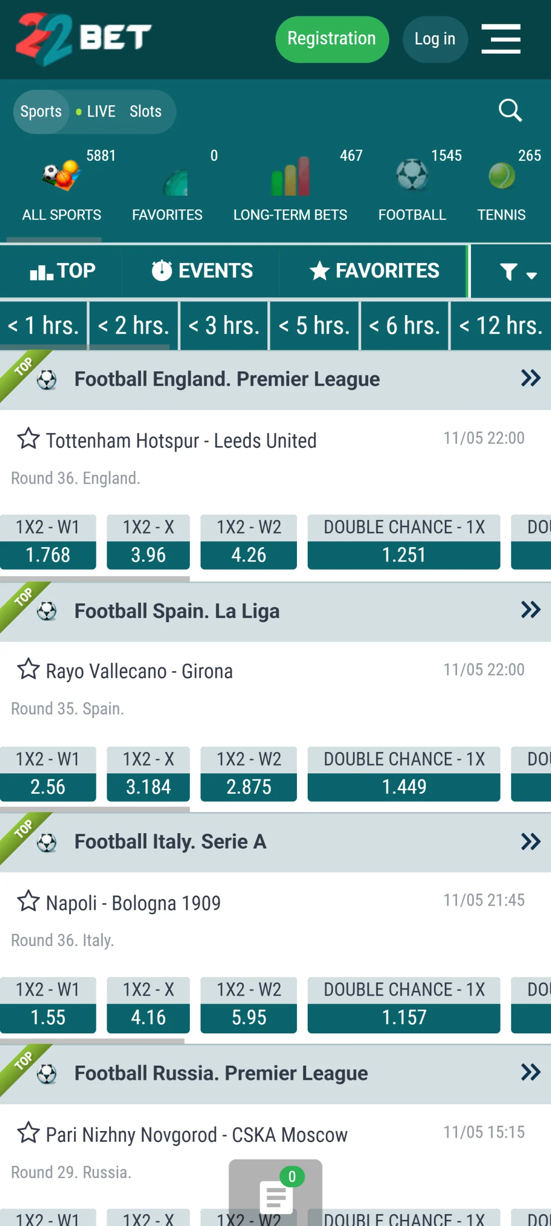 Pick a sport event in the 22Bet app and place bets.