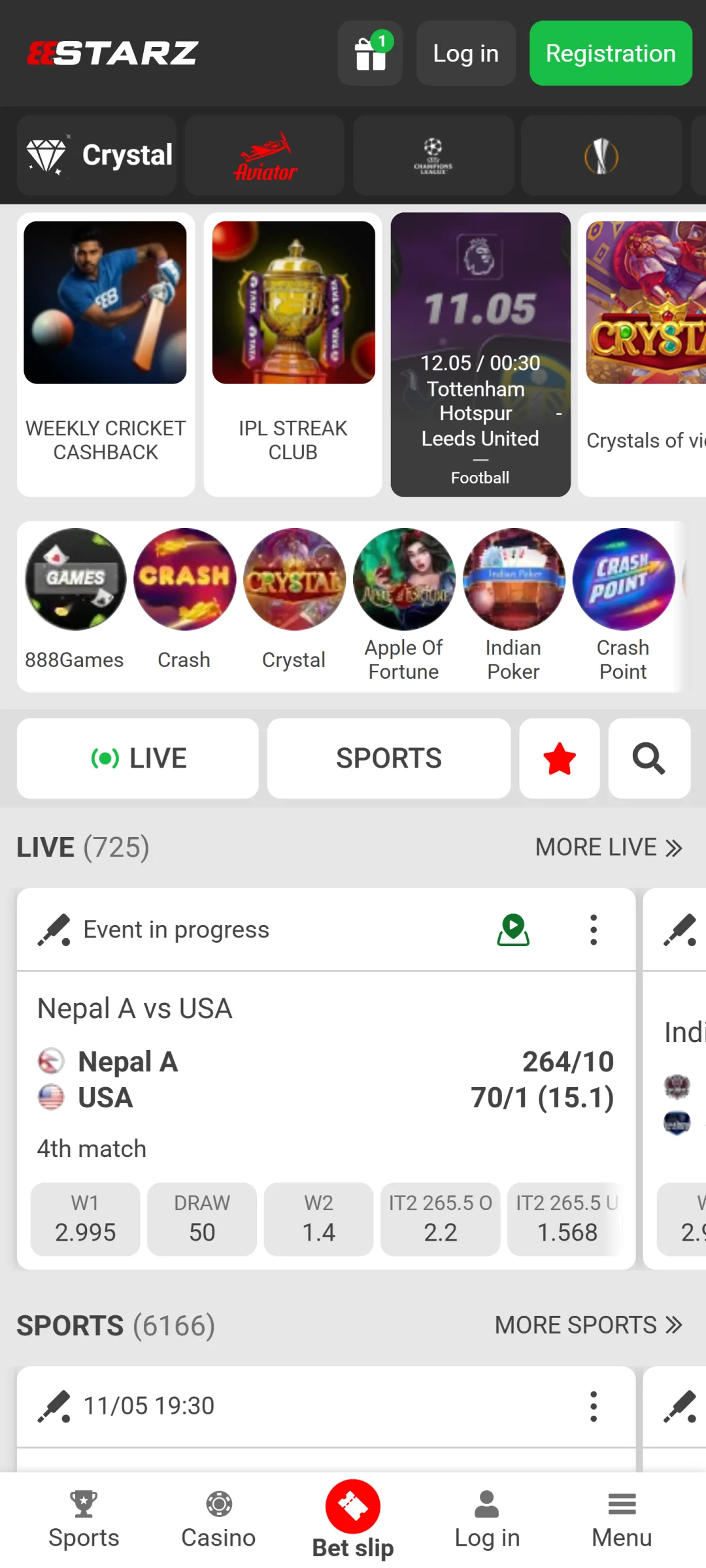 Open the main page of the 888Starz app to see all options.