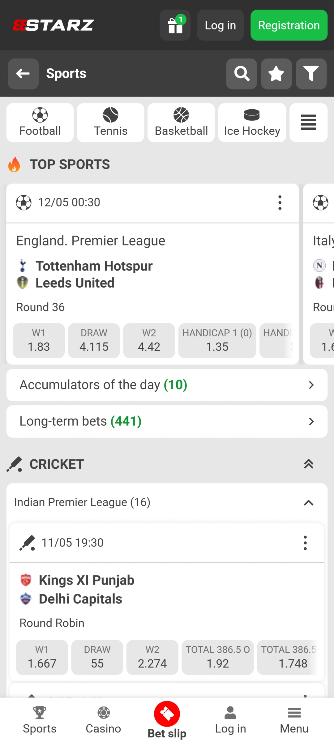 Select your favorite sport within the 888Starz app and bet now.