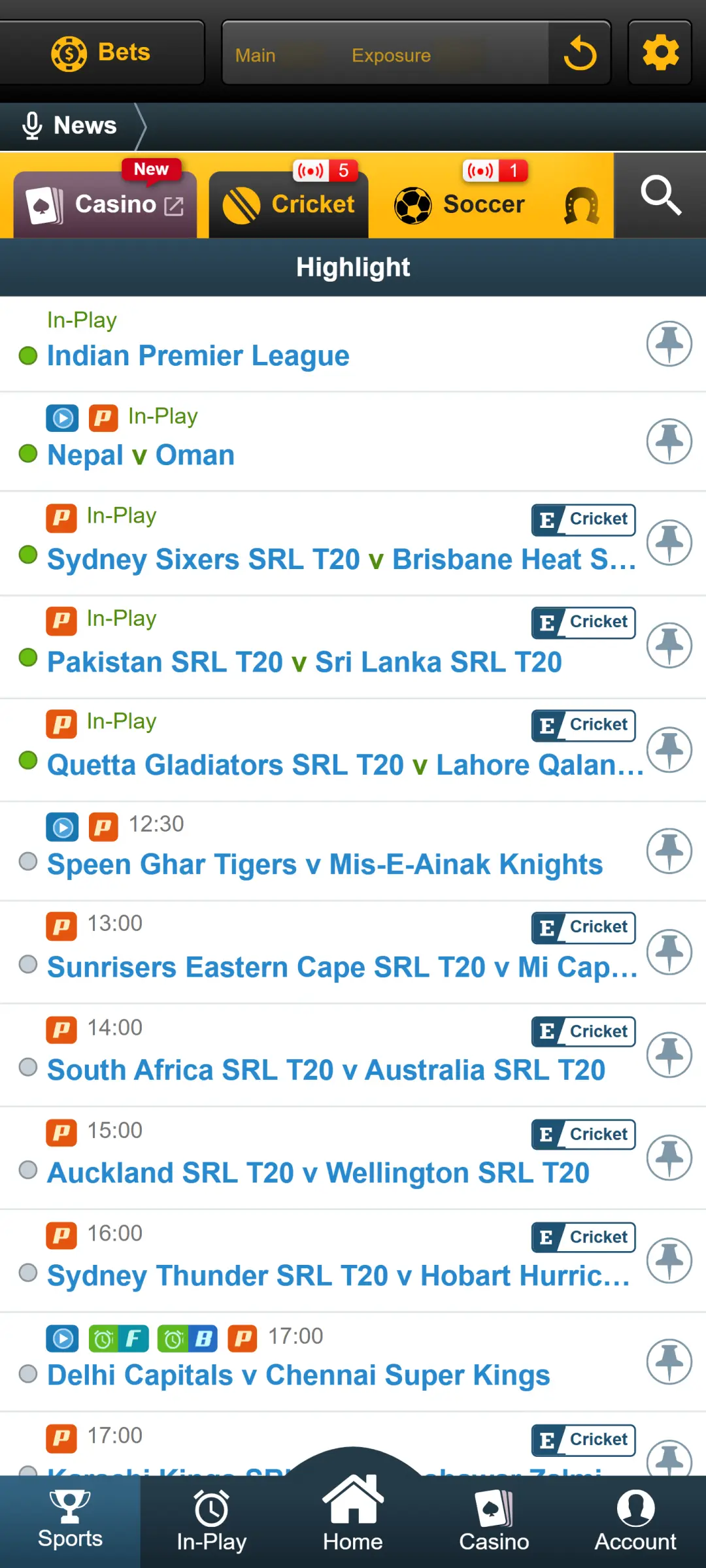 Pick a match from the available events to view specific betting markets.