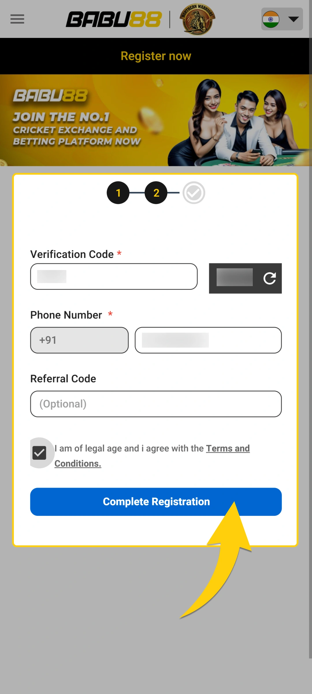 Complete the Babu88 sign-up form and tap the final button to finish.