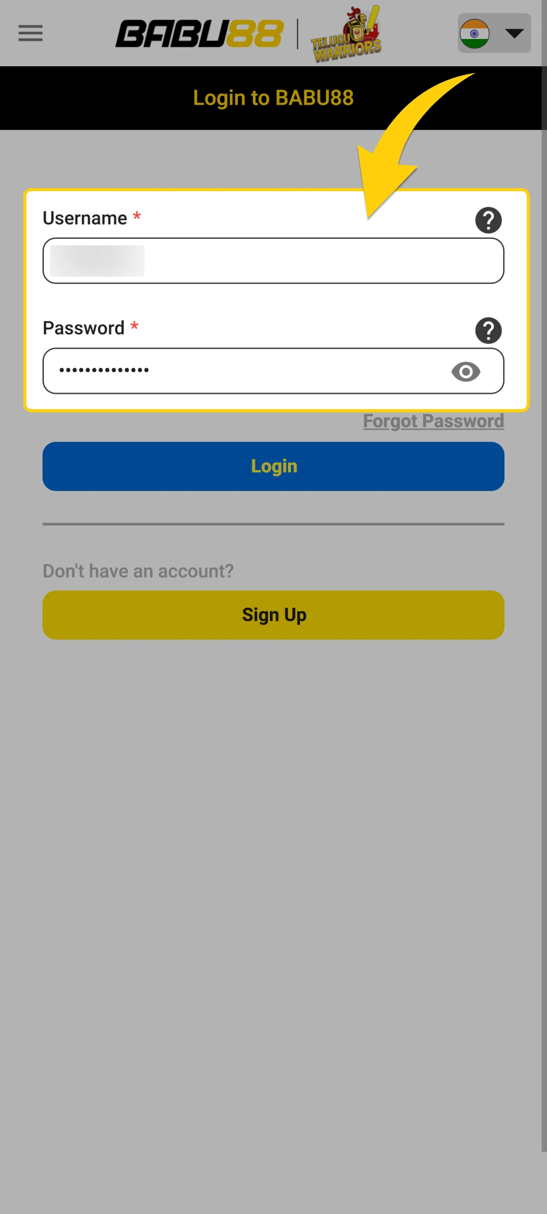 Enter your username and personal Babu88 password into the login form.