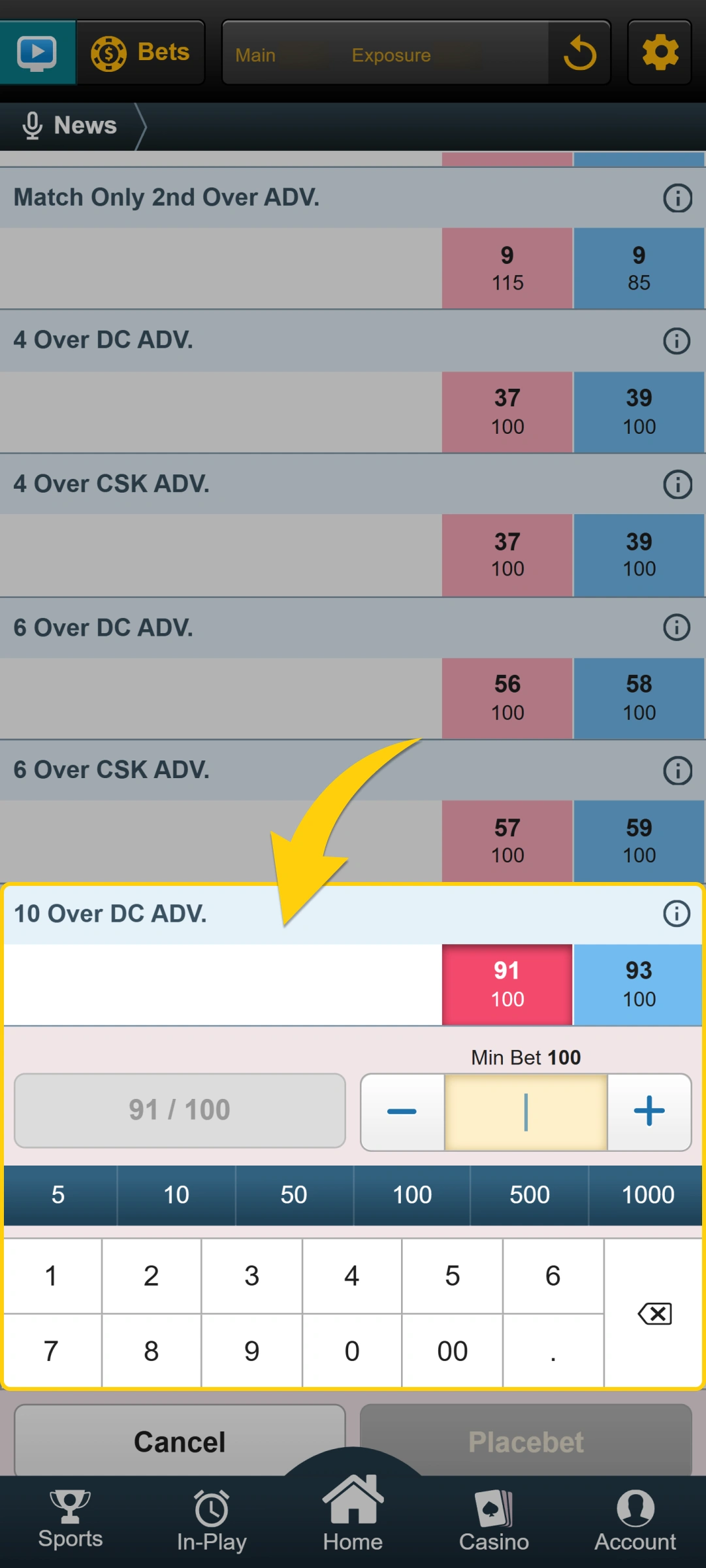Open the bet slip at the bottom to review your chosen event.
