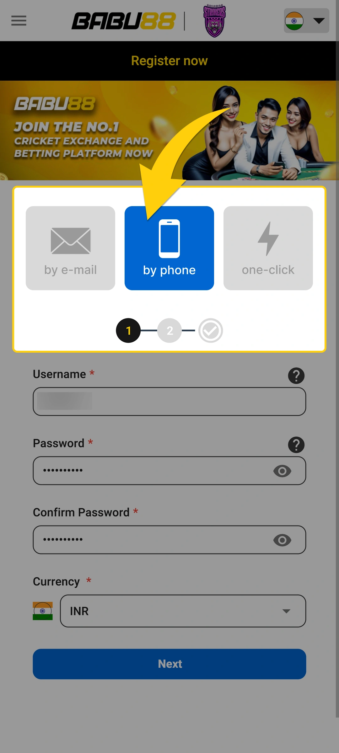 Select the mobile phone registration method to create your Babu88 account.