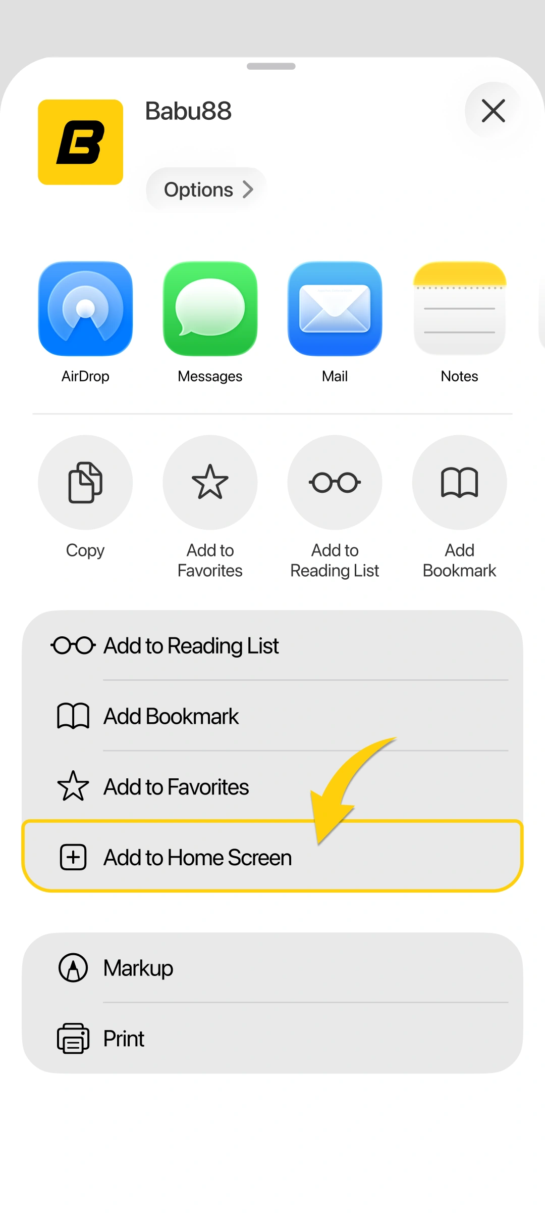 Select the shortcut to add the Babu88 web app to your Home Screen.