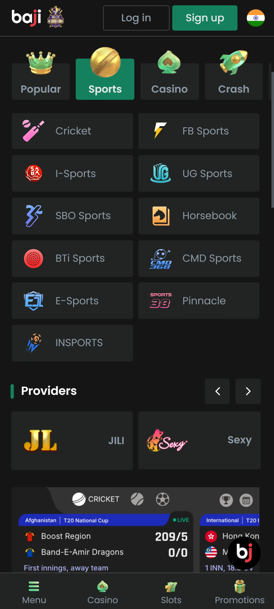 Select a sport category in the Baji Live app to place bets.