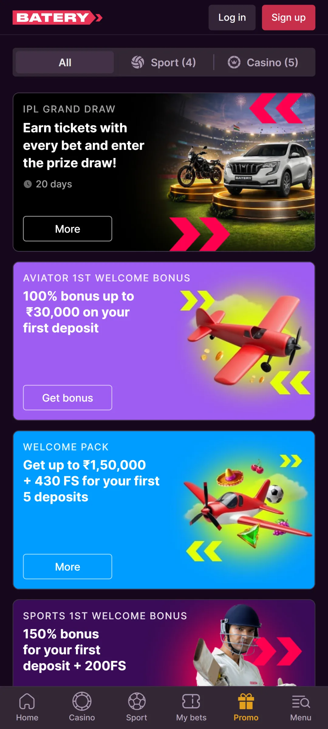 View all active promotions in the Batery app to claim bonuses.