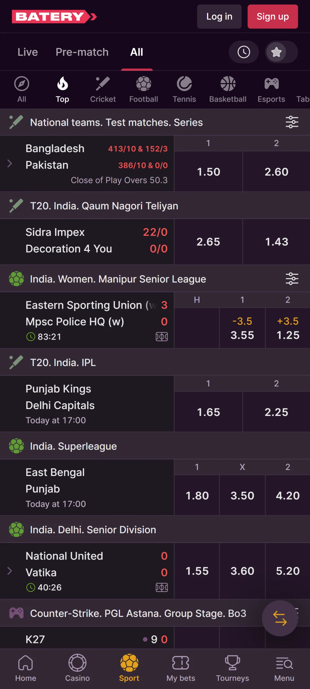 Pick a sport event in the Batery app and place bets.