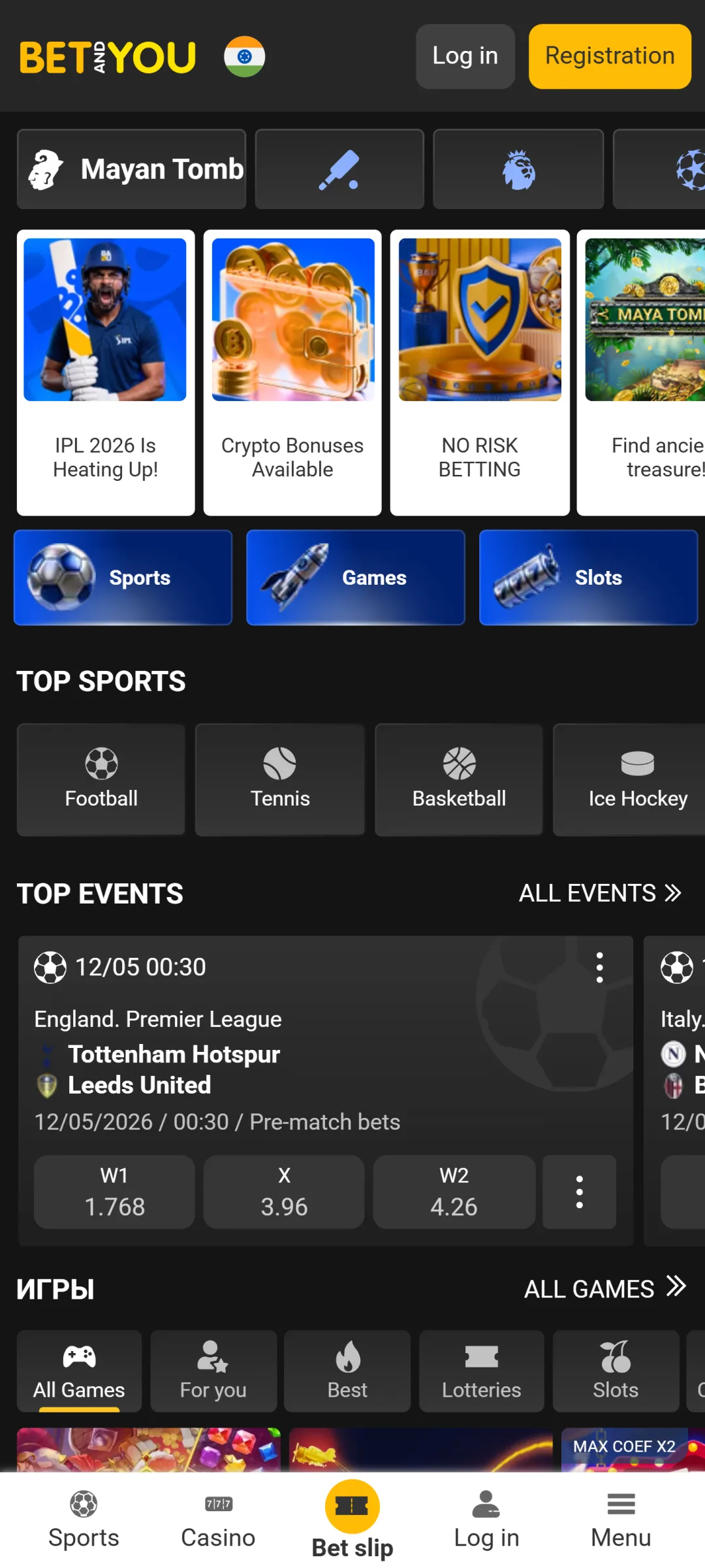 Access the main menu of the Betandyou app for quick navigation.