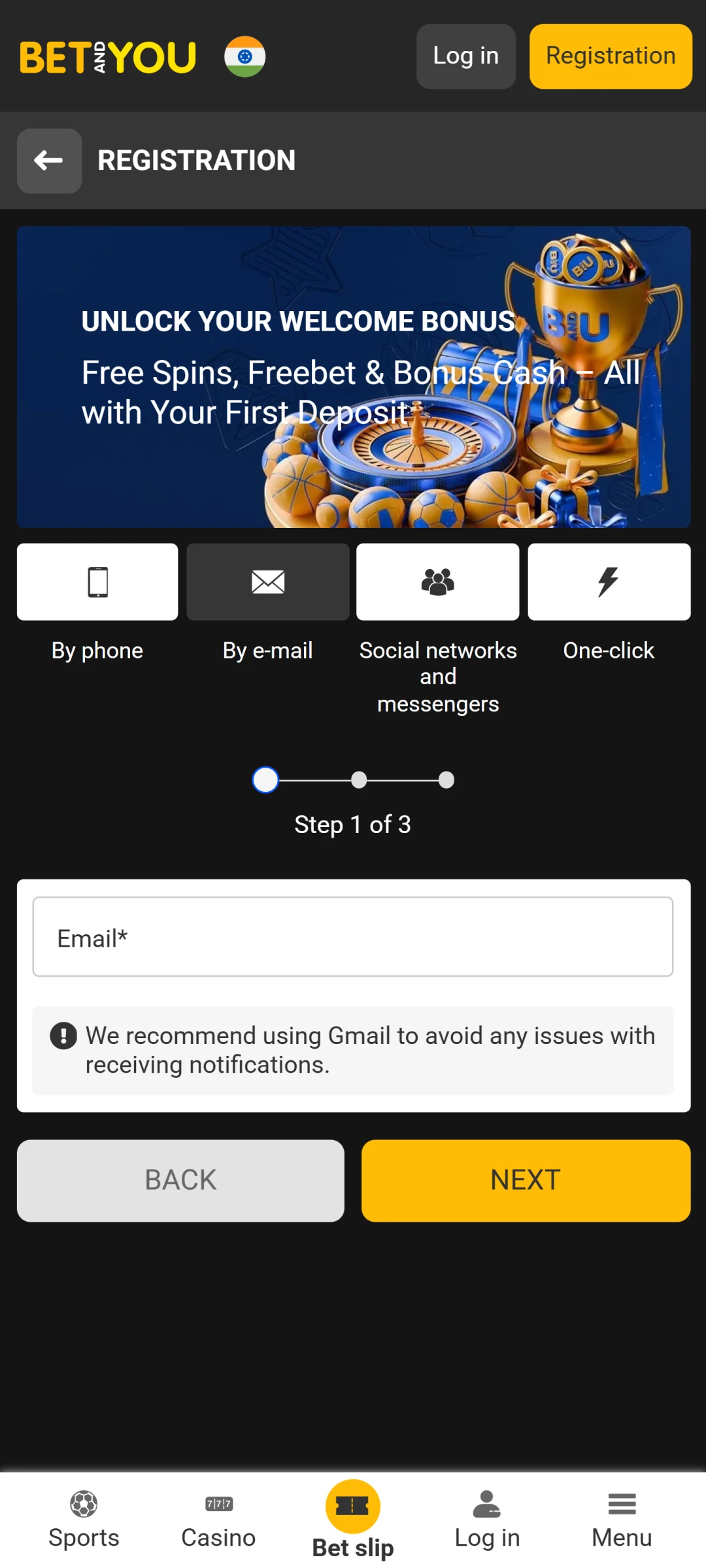 Register your personal account in the Betandyou app to get started.