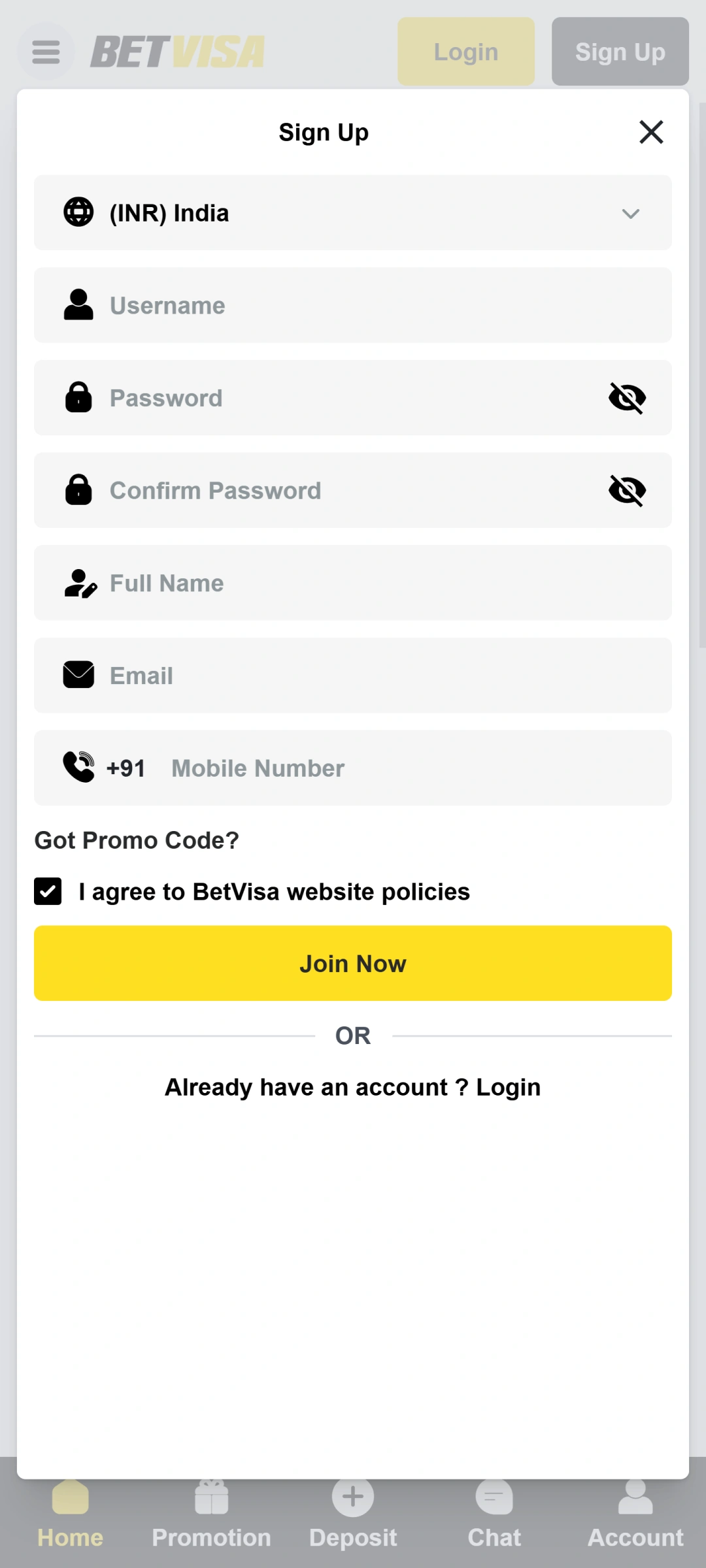 Fill in the registration details in the Betvisa app to join.